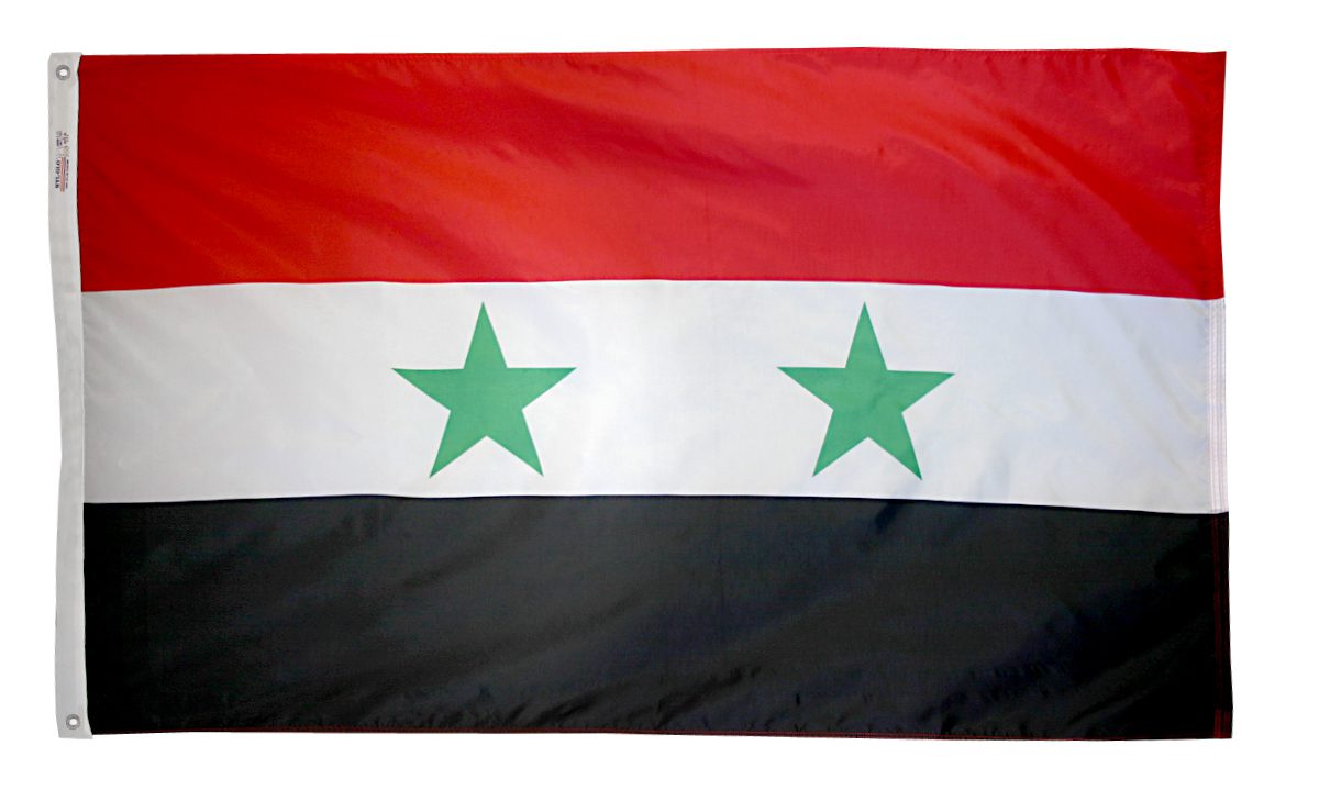 Flag with red, white, black stripes, stars.