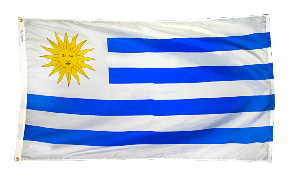 Uruguay flag with sun emblem and stripes.