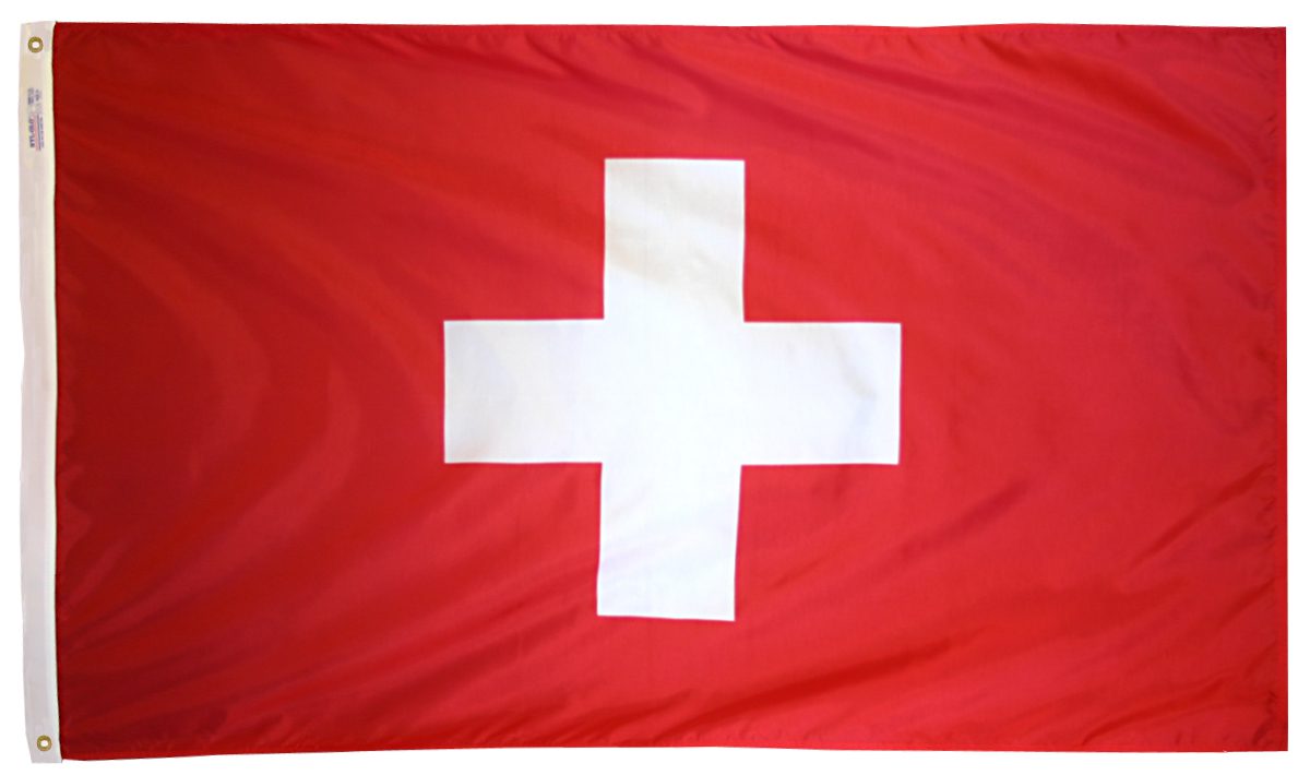 Swiss flag with white cross on red.