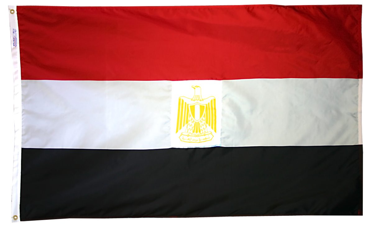 Flag of Egypt with emblem in center.