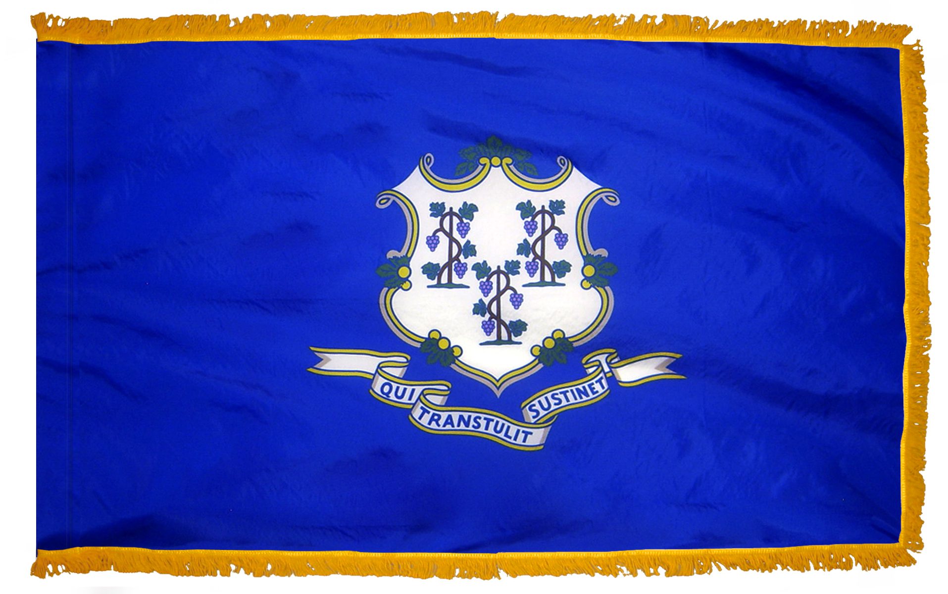 Connecticut state flag with emblem and motto.