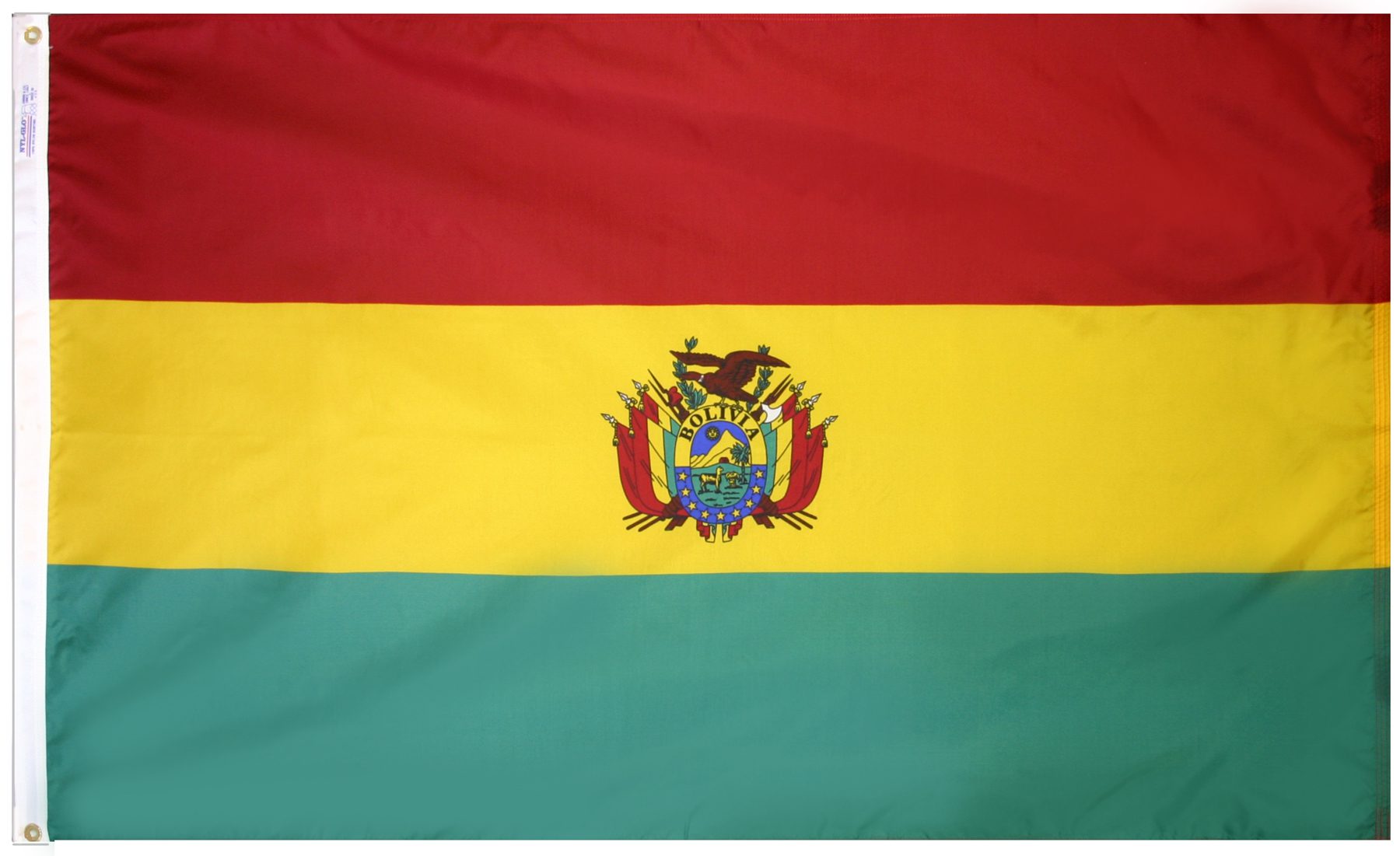 Bolivia flag with coat of arms centered.