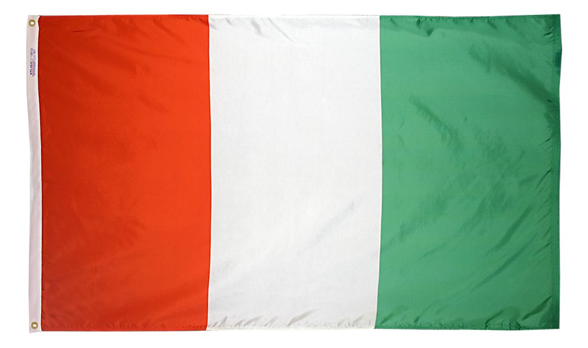 Flag with vertical stripes: orange, white, green.