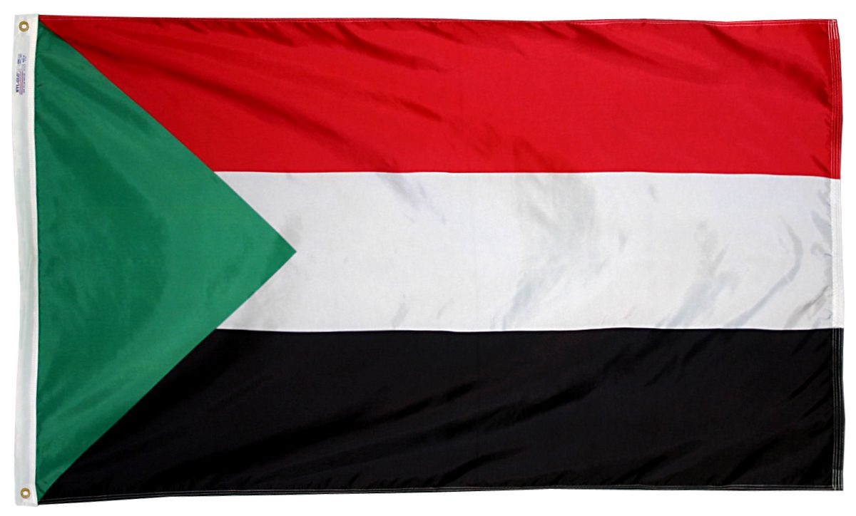 Flag of Sudan with red, white, black stripes.