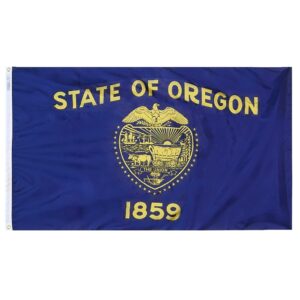 Oregon state flag with emblem and year.