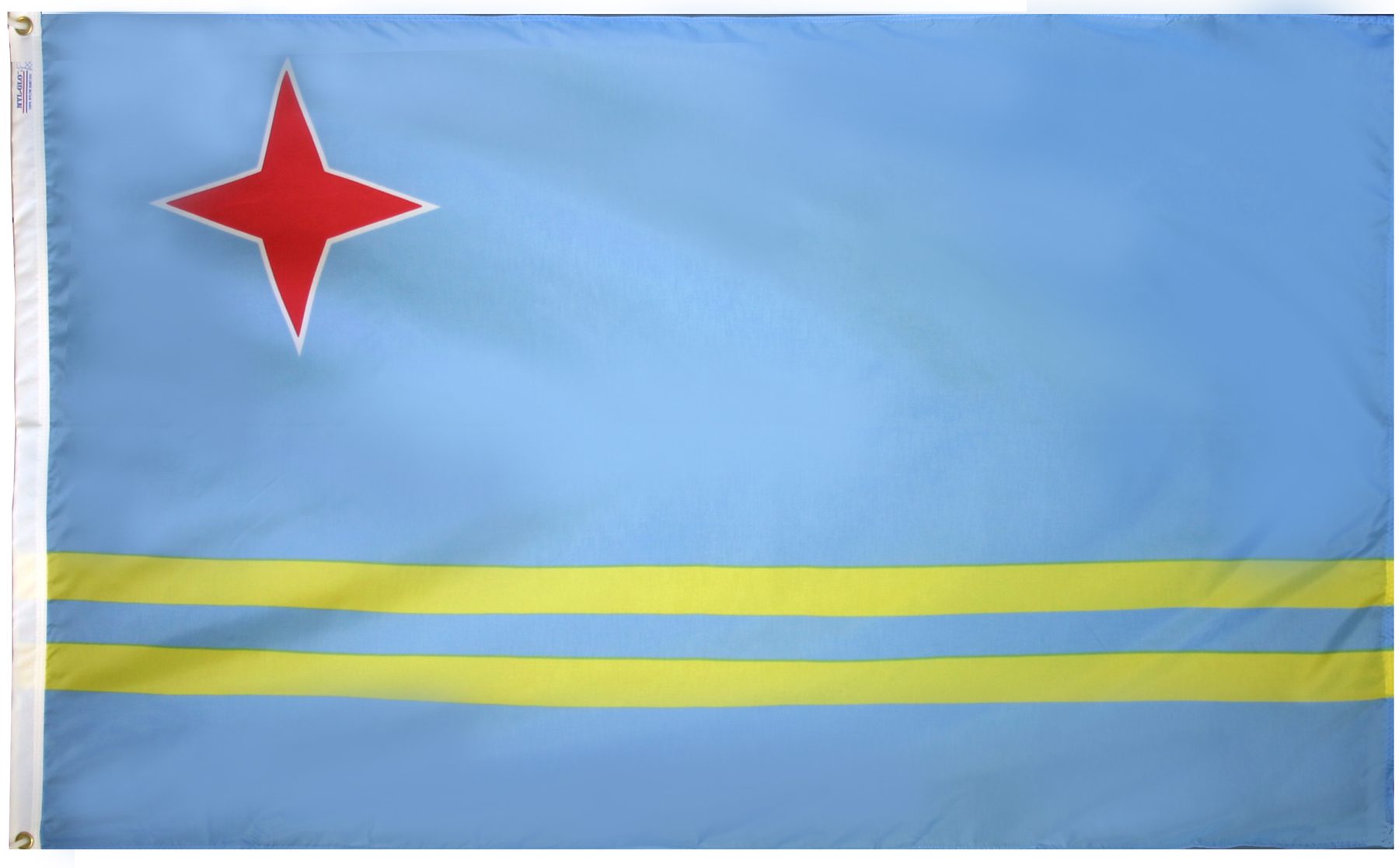 Blue flag with red star, yellow stripes.