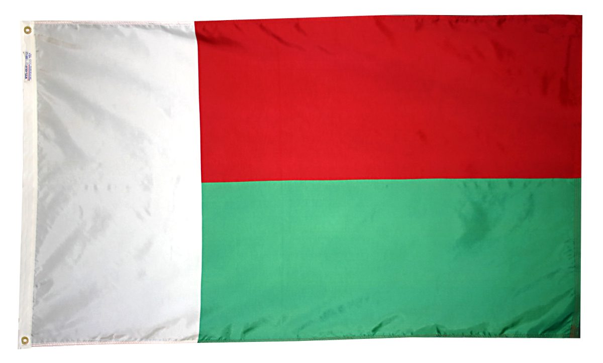 Flag of Madagascar with red, green, white.
