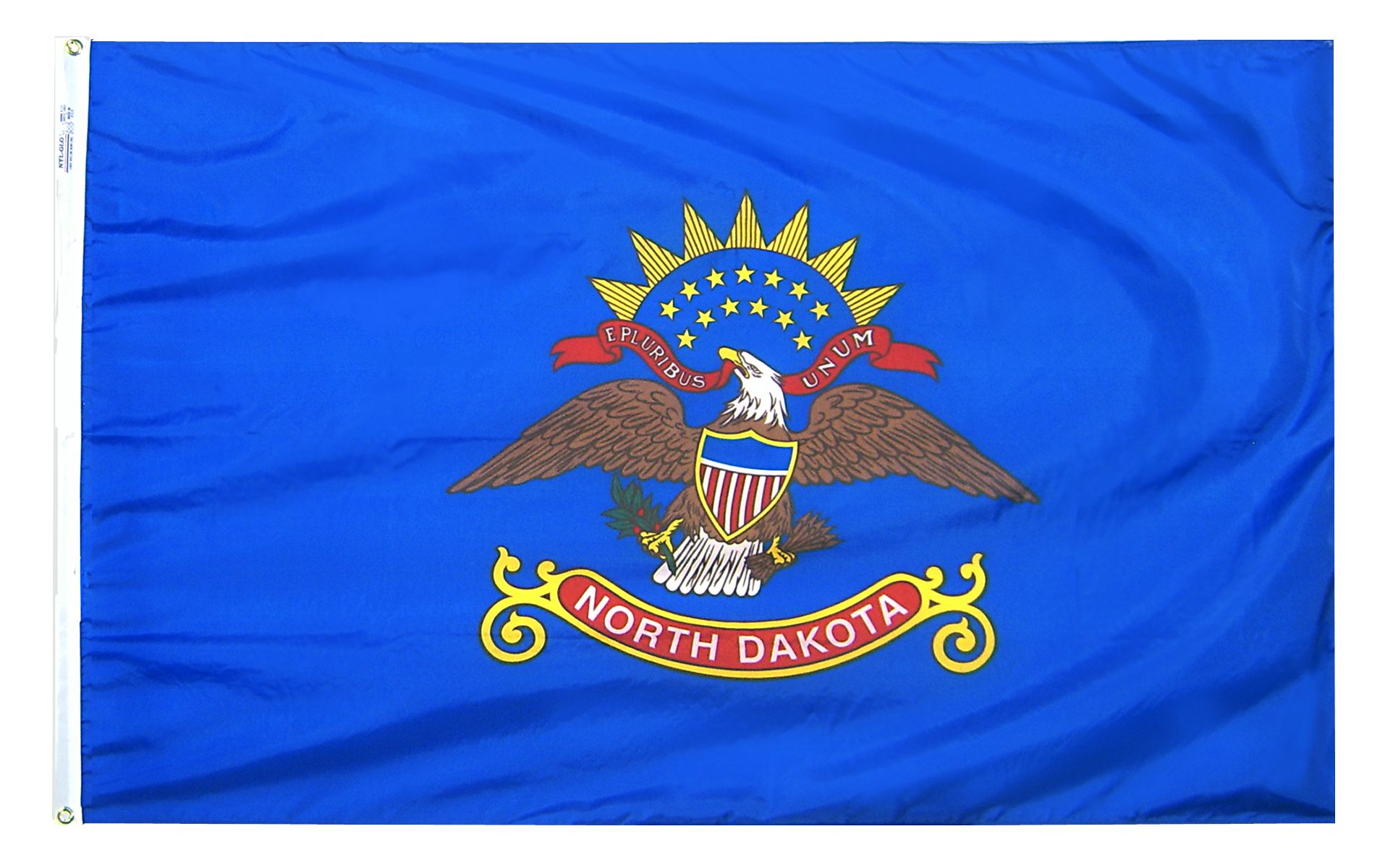 North Dakota state flag with eagle emblem.