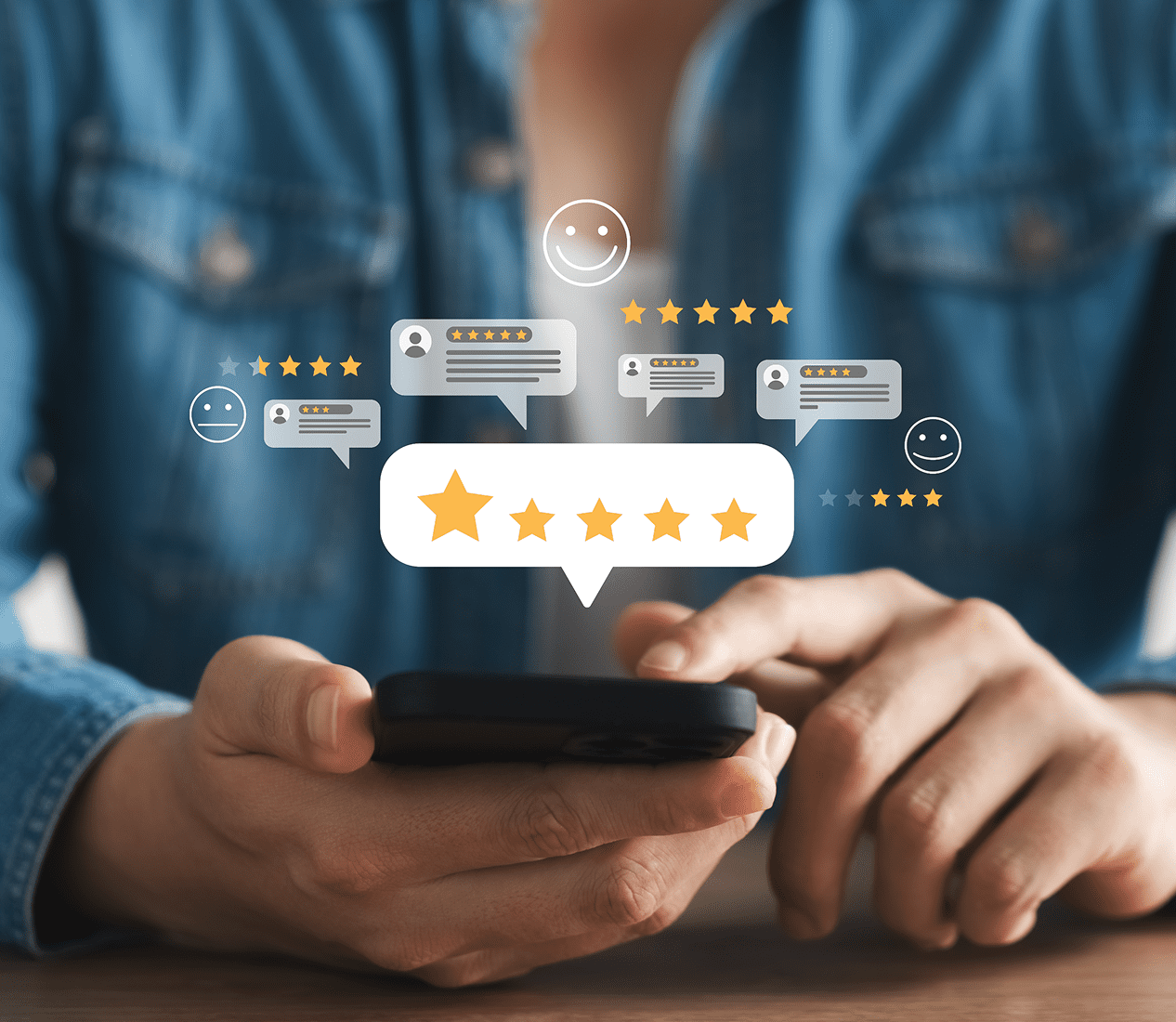 Person using phone with star ratings displayed.