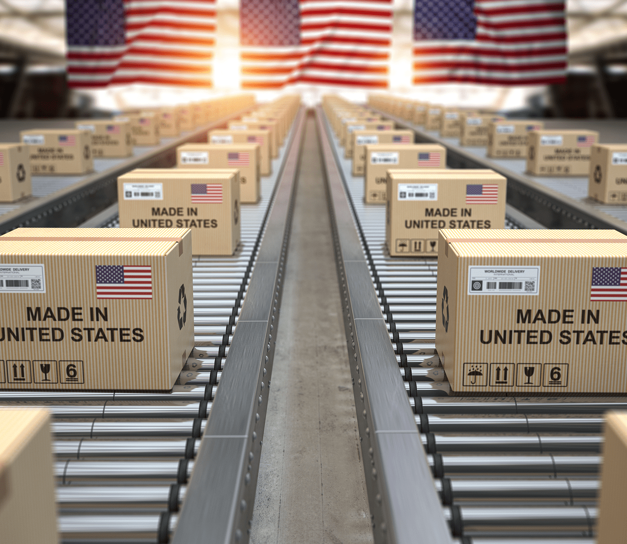 Boxes labeled "Made in United States" on conveyor.