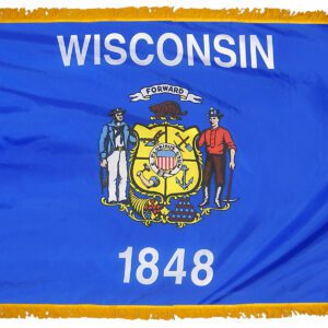 Wisconsin state flag with emblem and date.