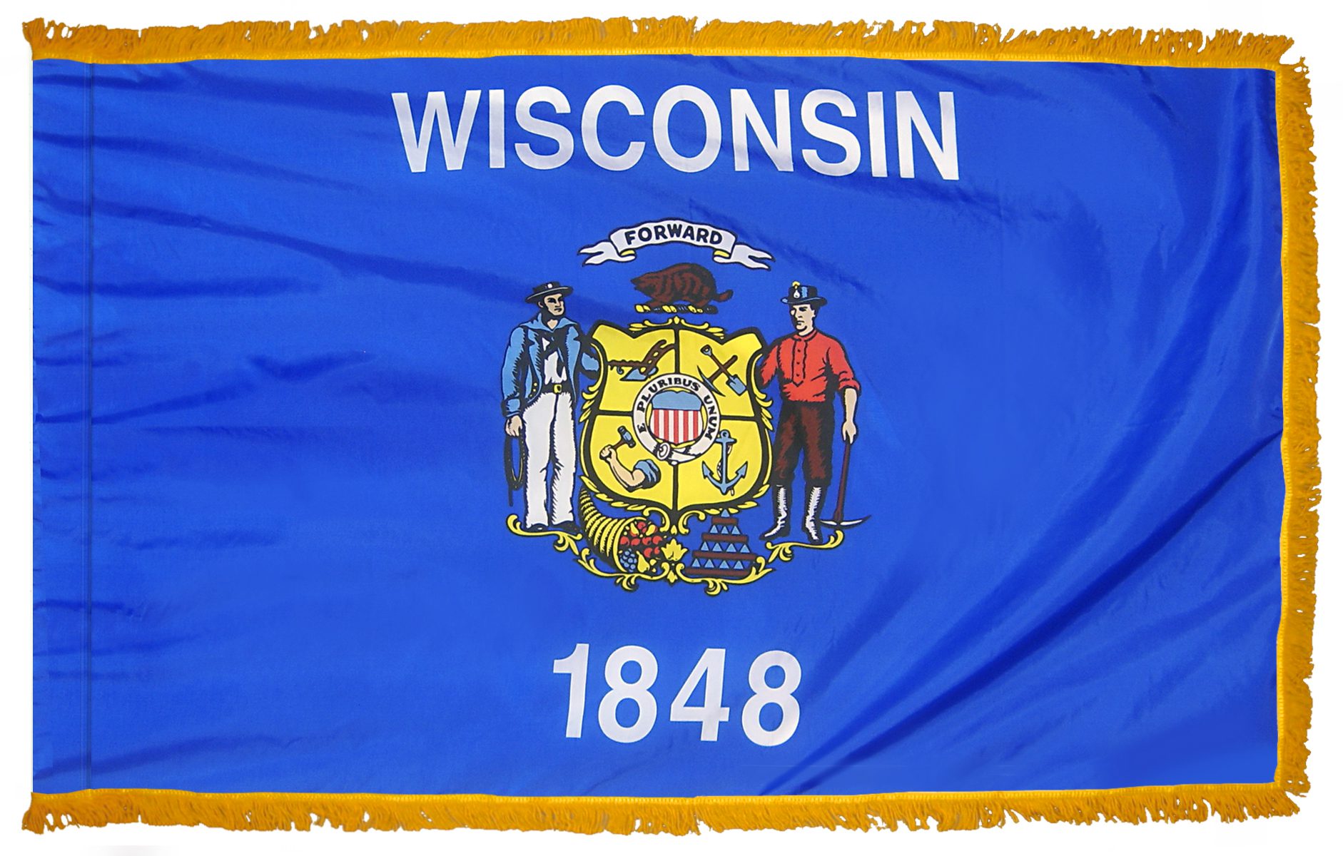 Wisconsin state flag with emblem and date.