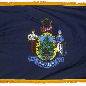 Maine state flag with official emblem displayed.