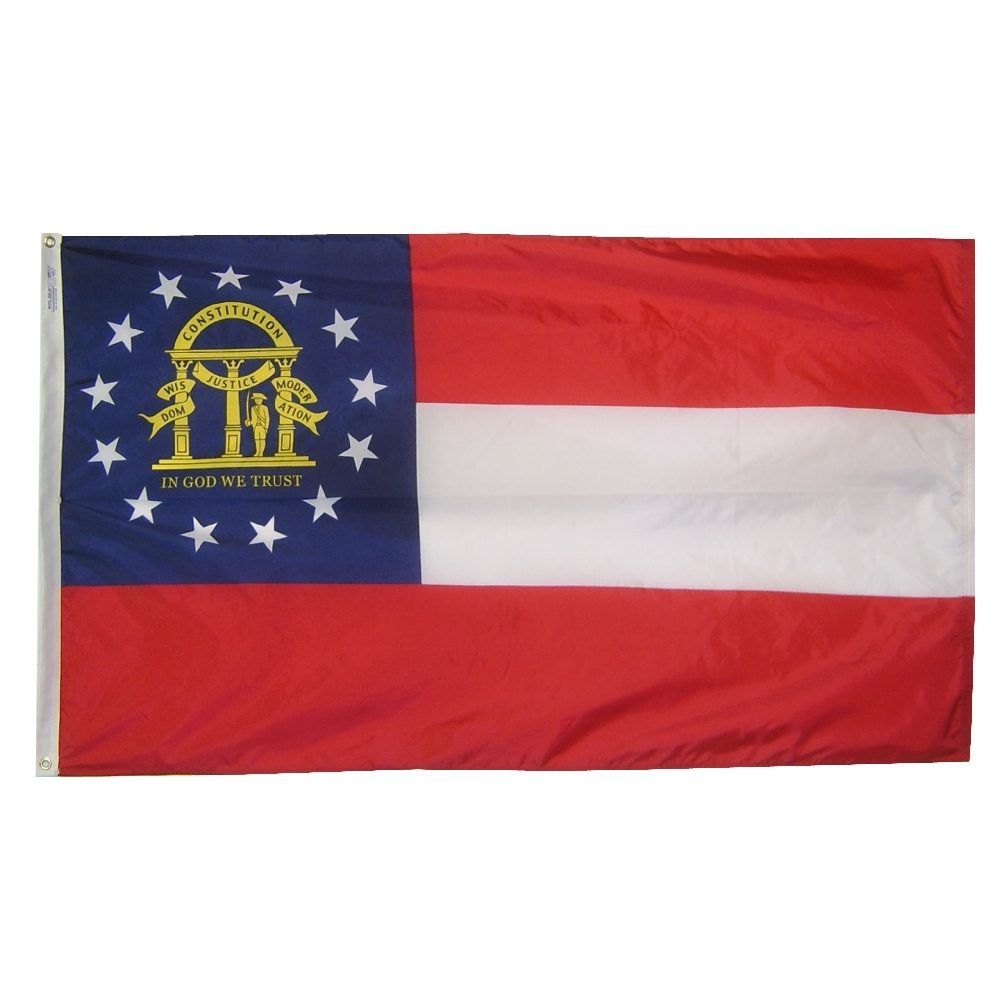 Georgia state flag with seal and stripes.