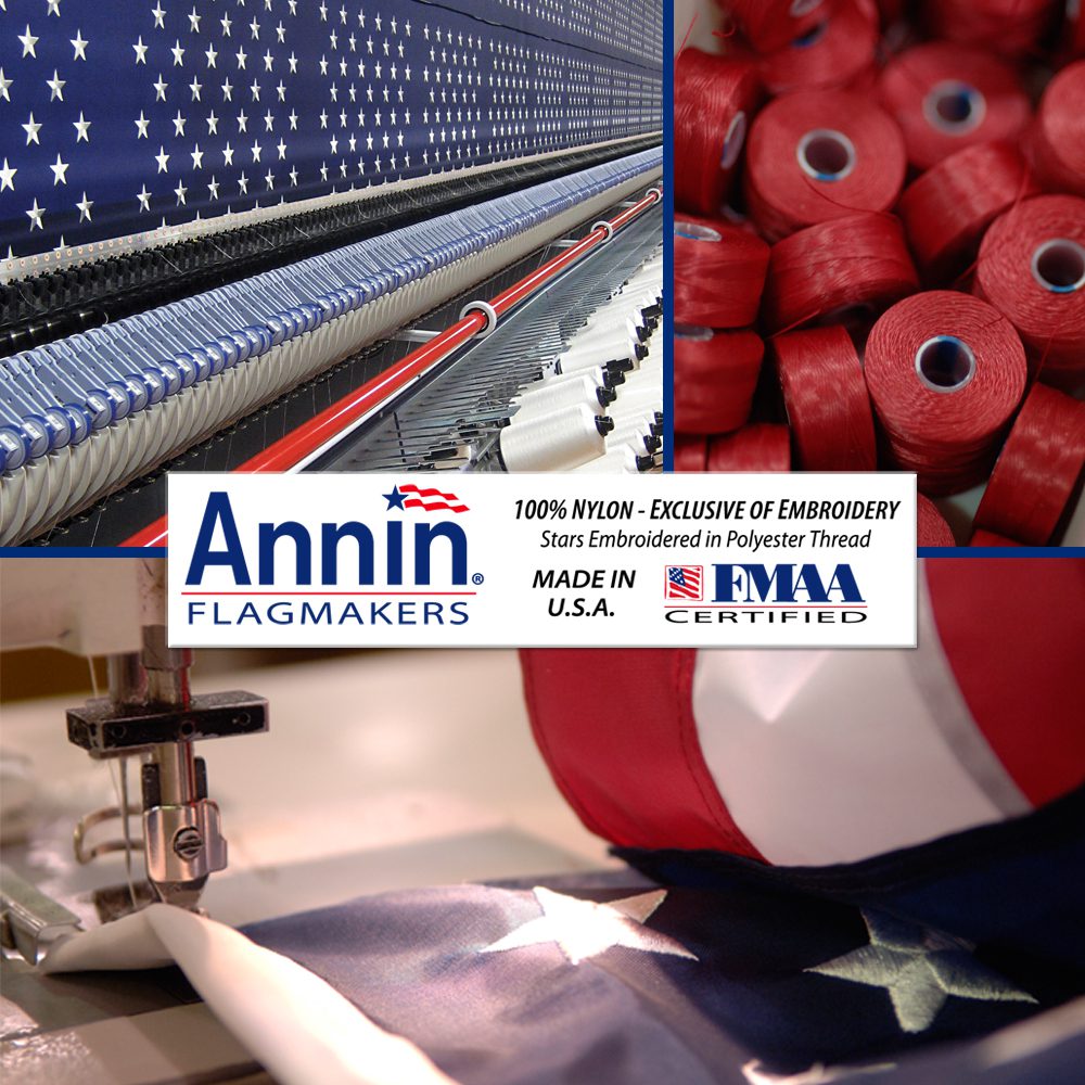 Flag manufacturing with embroidery and threads.