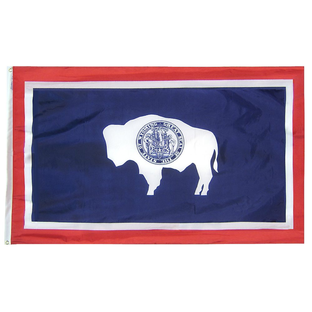 Wyoming state flag with bison silhouette.