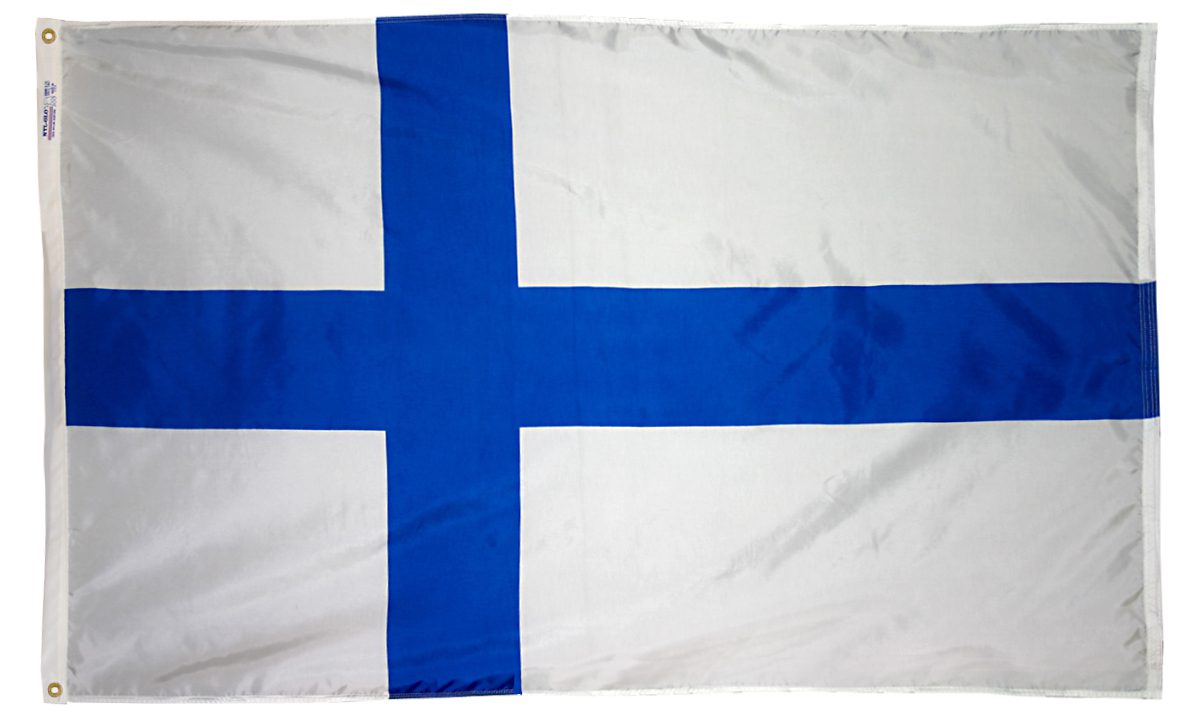 Flag of Finland with blue cross.