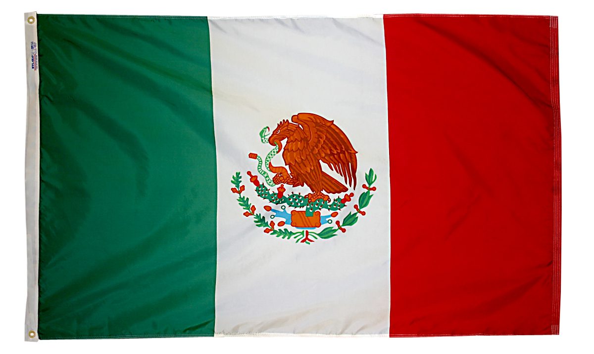 Mexican flag with eagle and snake emblem.