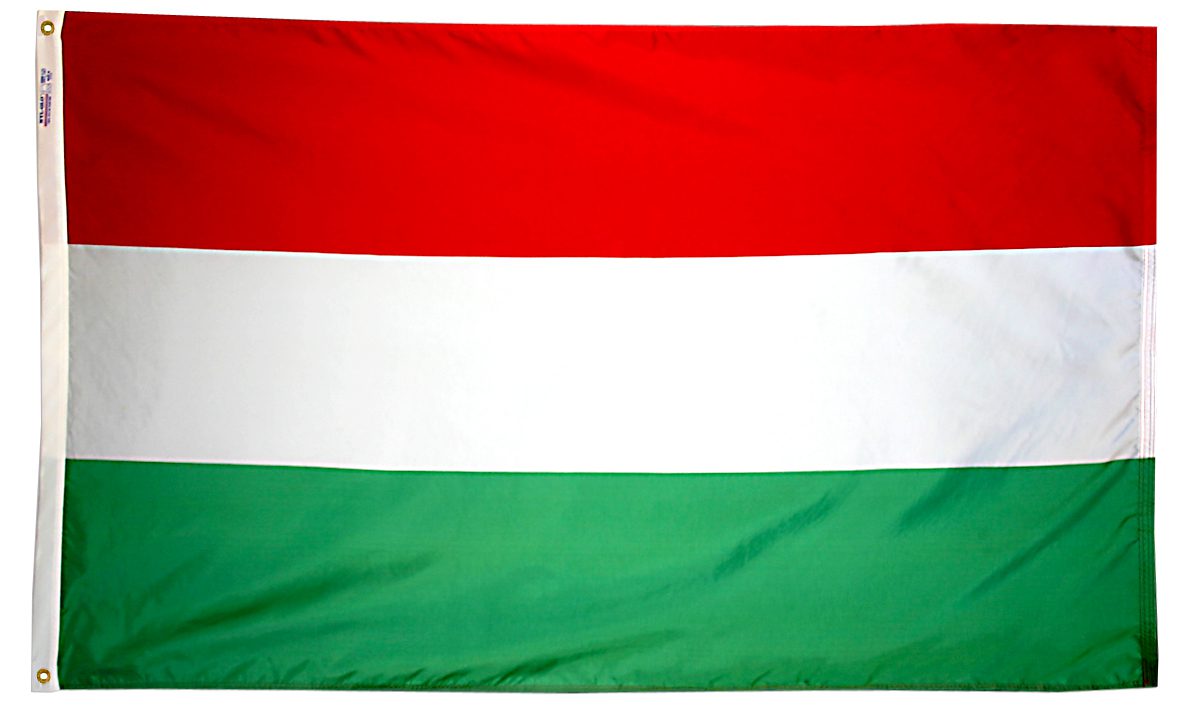 Flag of Hungary with horizontal stripes.