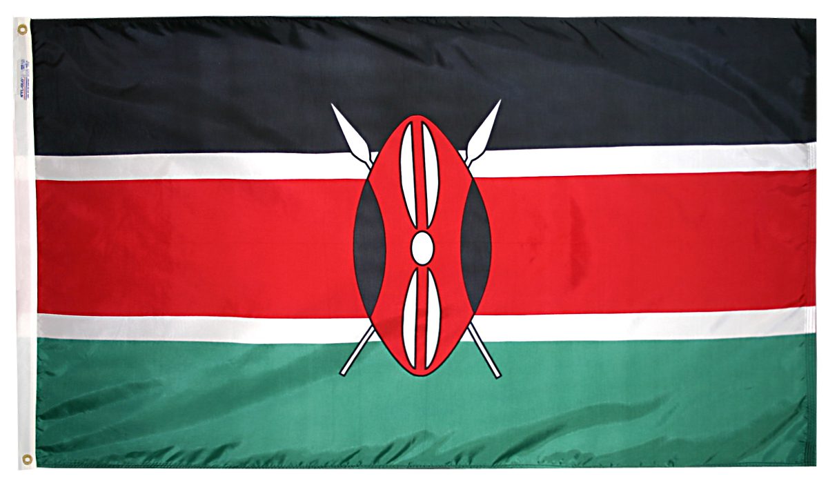 Flag of Kenya with shield and spears.