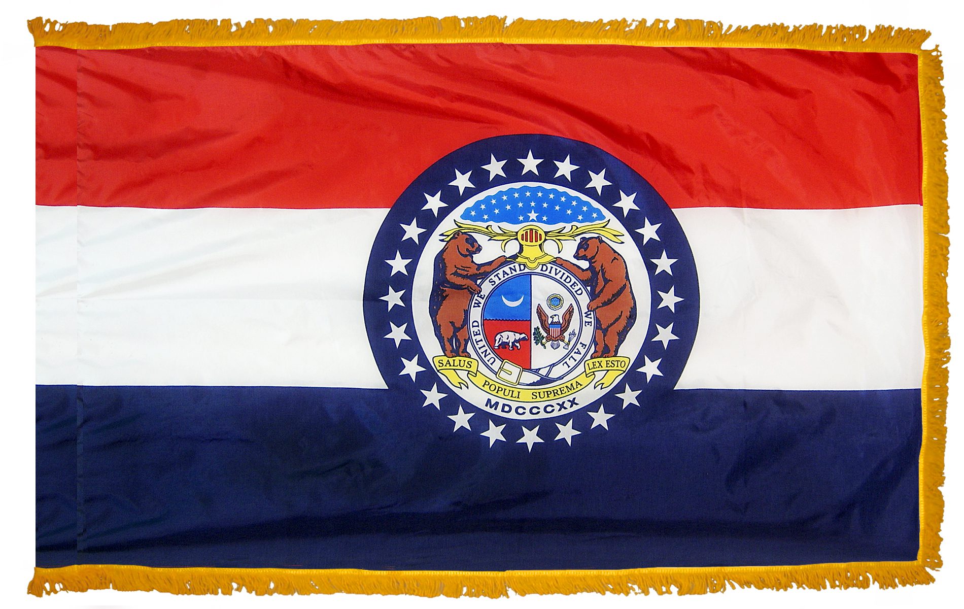 Missouri state flag with gold fringe.