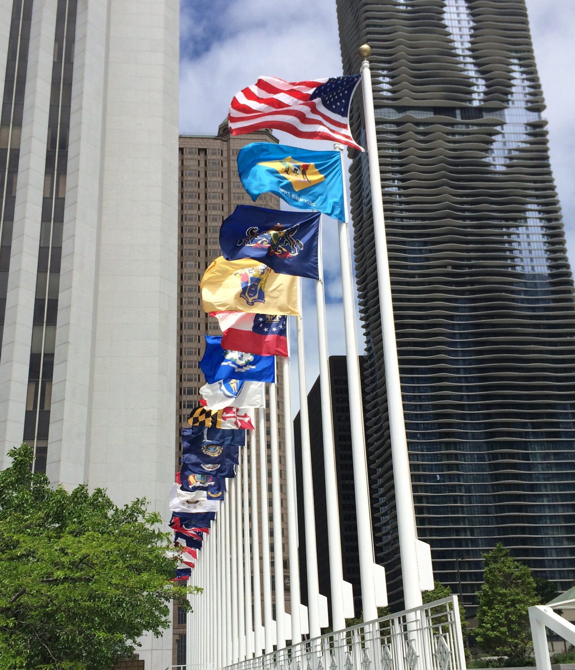 Flags waving on tall poles near skyscrapers.