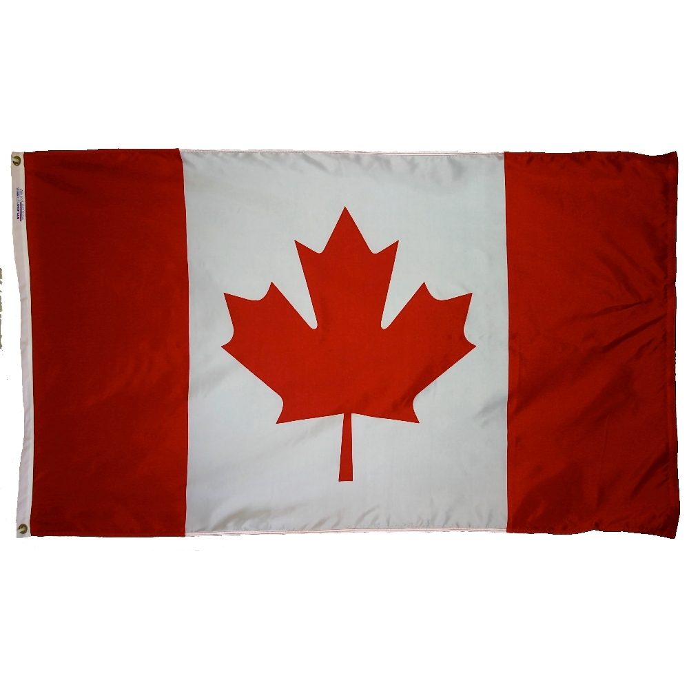 Canadian flag with red maple leaf.