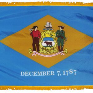 Delaware state flag with emblem and date.