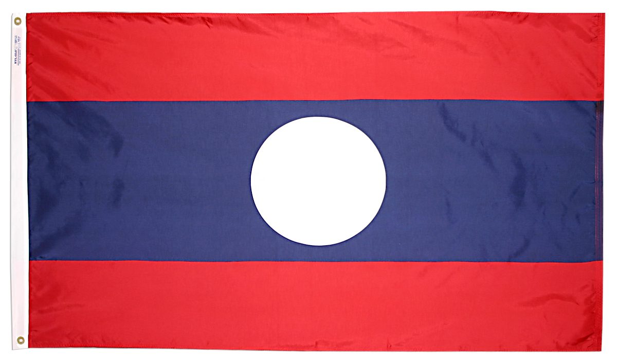 Flag of Laos with red and blue stripes.