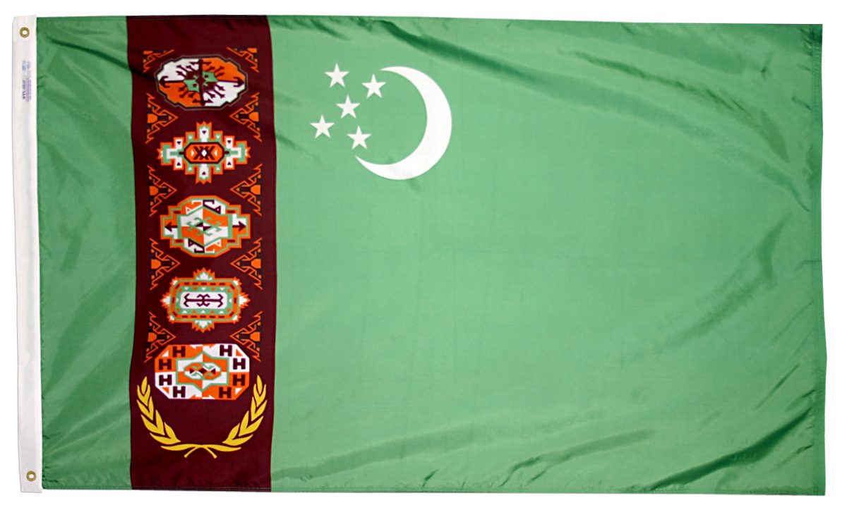 Turkmenistan flag with crescent and carpet motifs.
