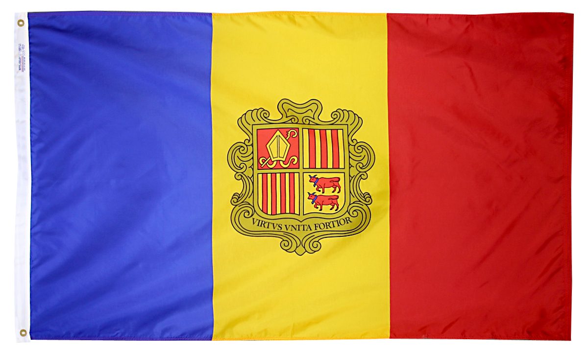 Flag of Andorra with coat of arms.