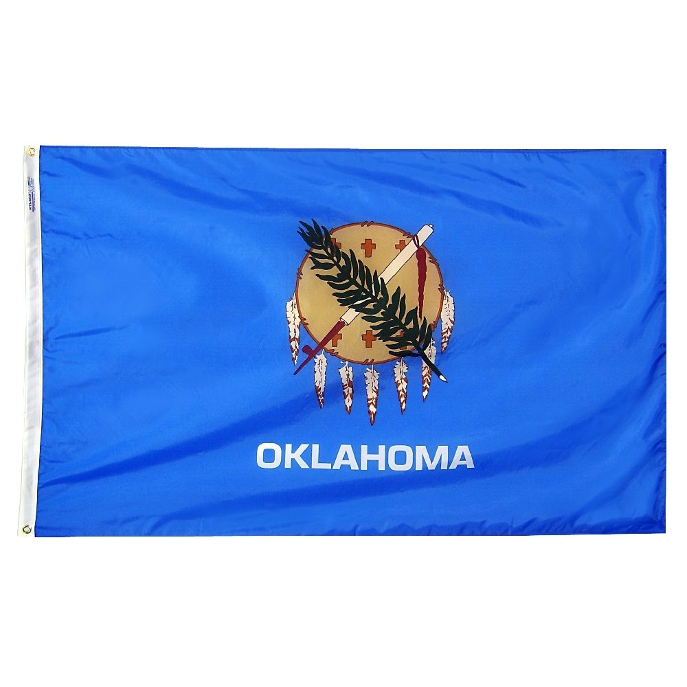 Oklahoma state flag with emblem and text.