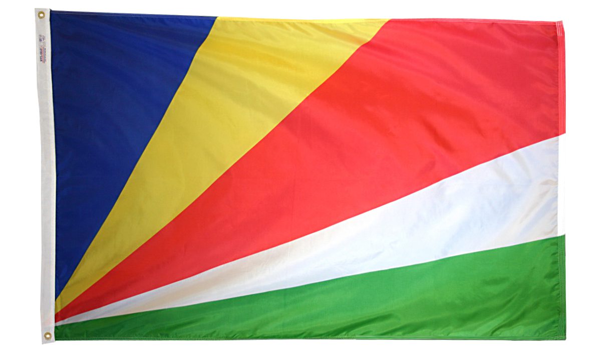 Flag of Seychelles with colorful stripes.