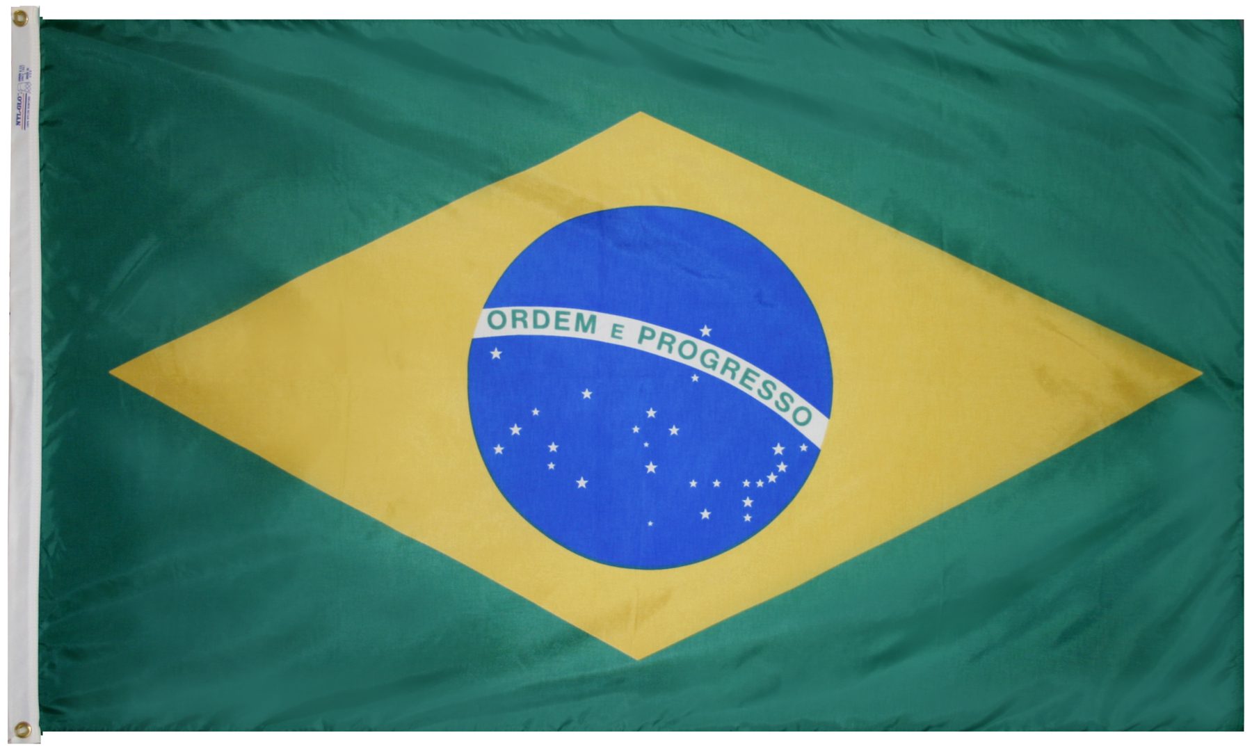 Brazilian flag with green, yellow, blue elements.