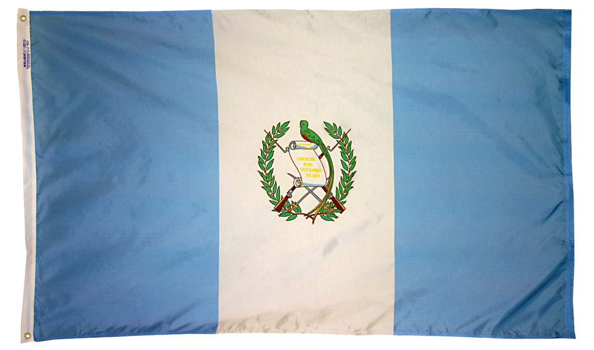 Blue and white flag with emblem.