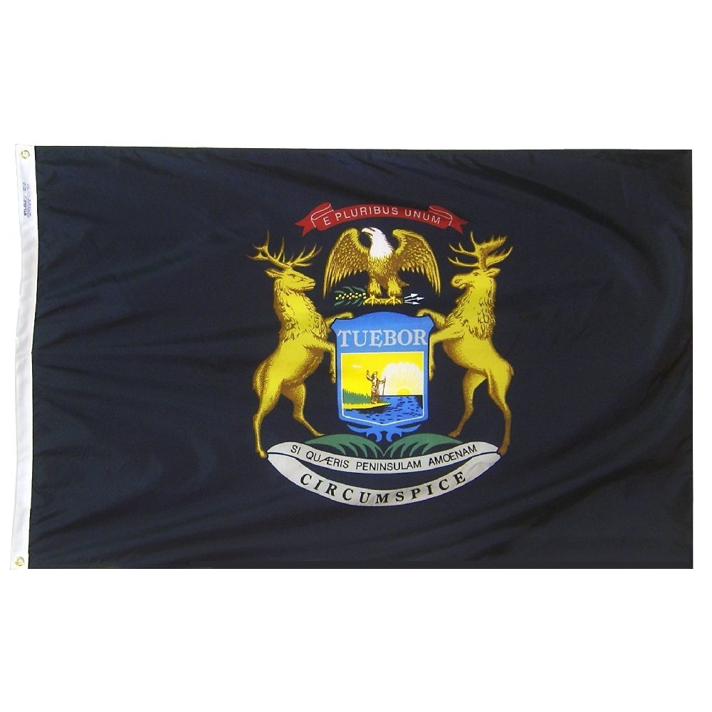Michigan state flag with coat of arms.