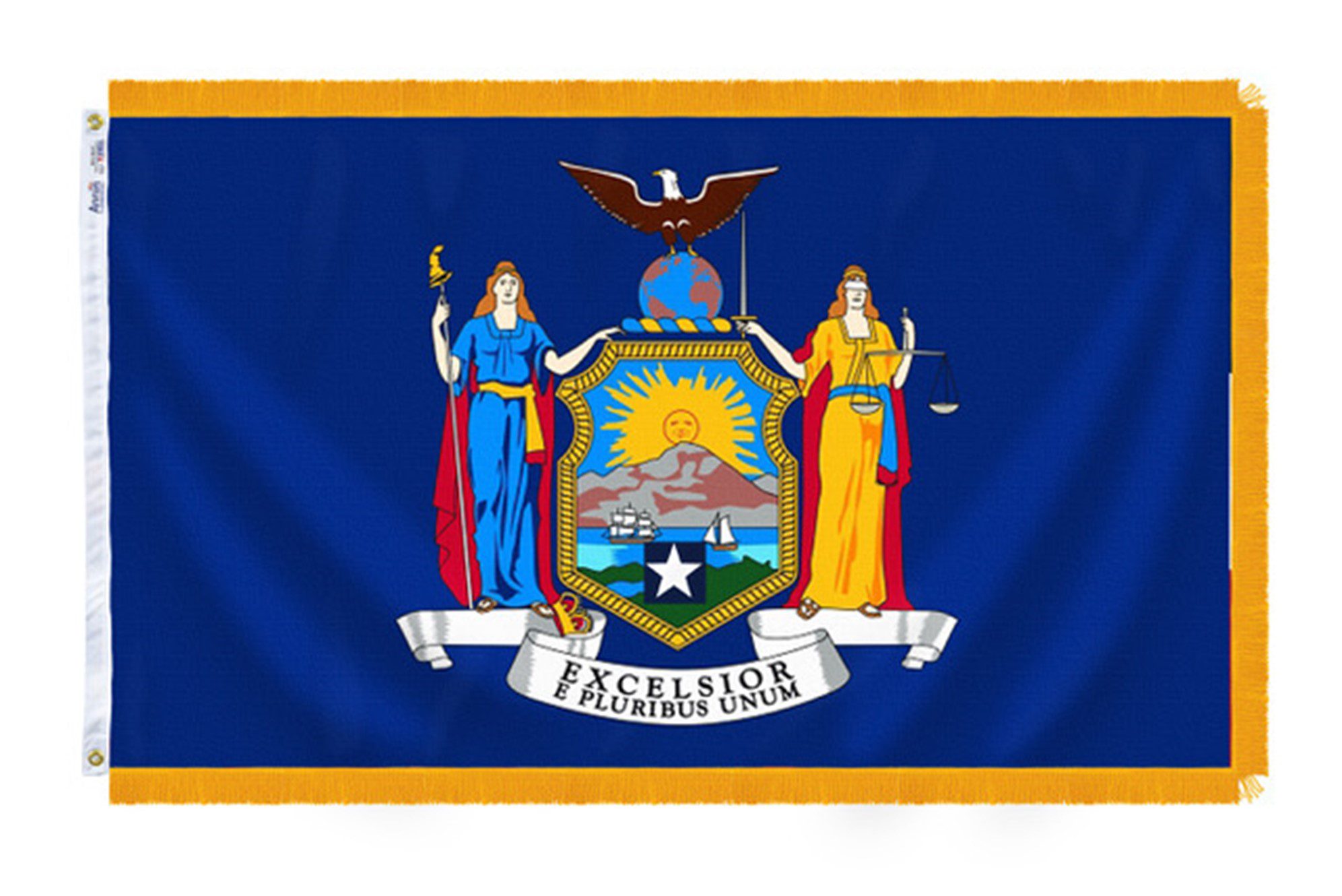 New York state flag with coat of arms.