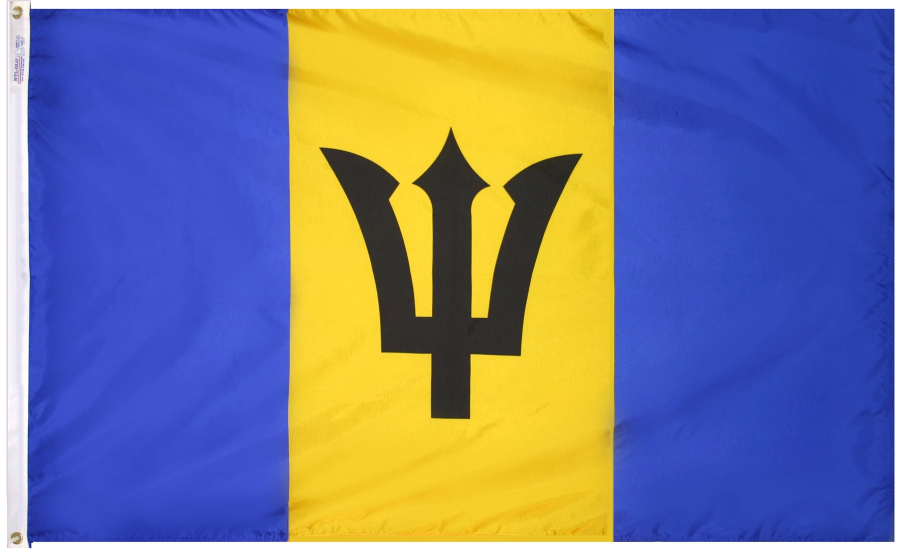 Barbados flag with trident emblem.