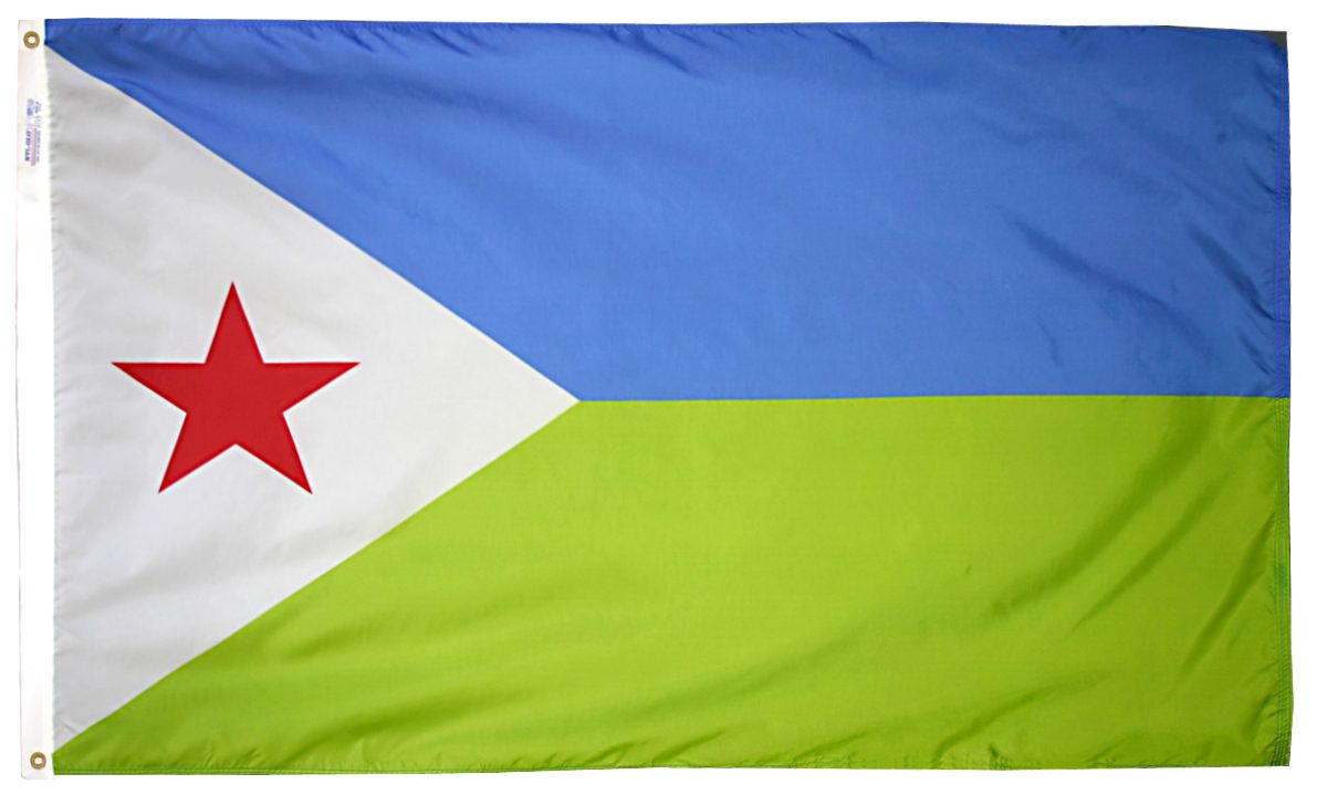 Blue, green, and white flag with red star.