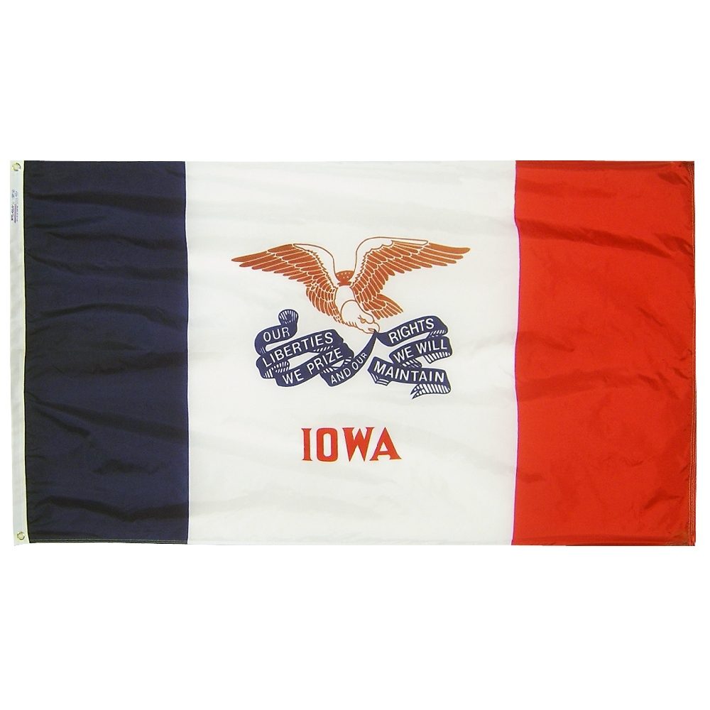 Iowa state flag with eagle and motto.