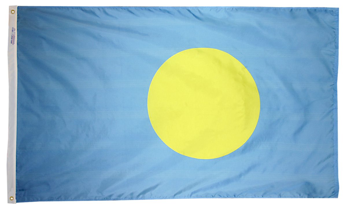 Blue flag with yellow circle emblem.
