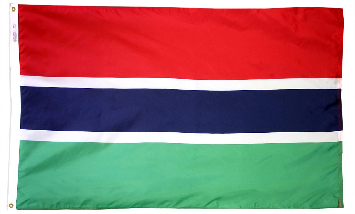 Flag of Gambia with horizontal stripes.