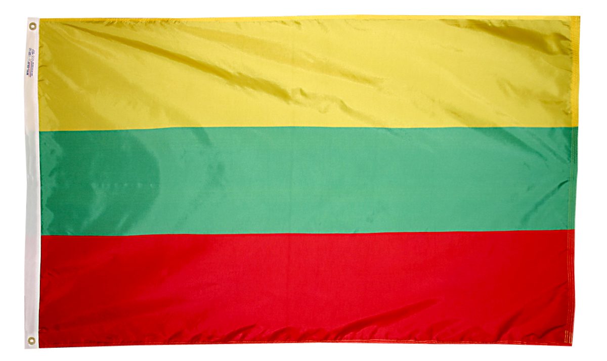 Lithuanian flag with yellow, green, red stripes.