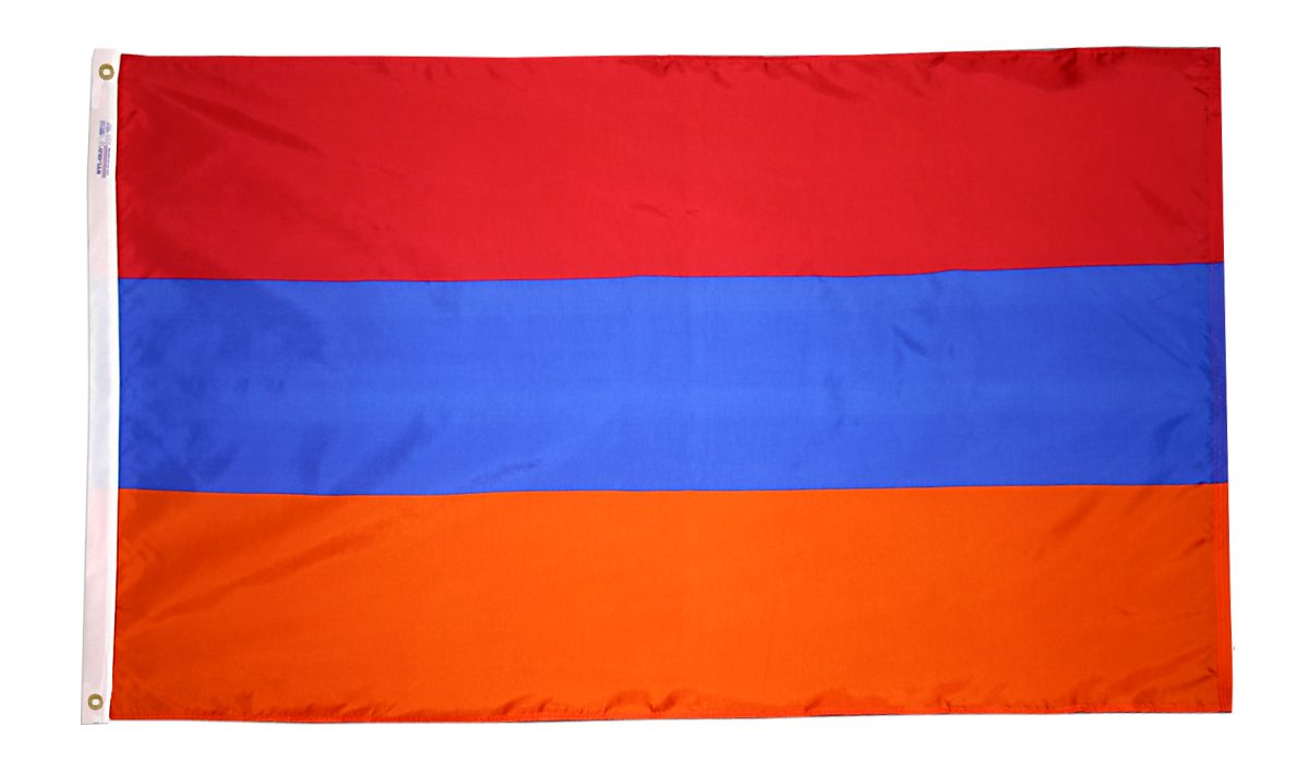 Flag of Armenia with three horizontal stripes.
