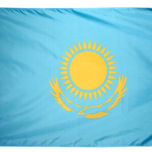 Kazakhstan flag with sun and eagle emblem.