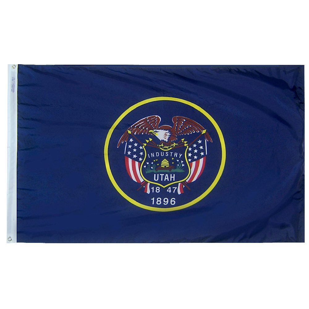 Utah state flag with emblem and dates.
