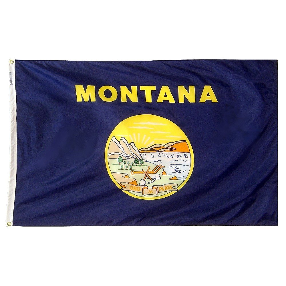 Montana state flag with emblem and text.