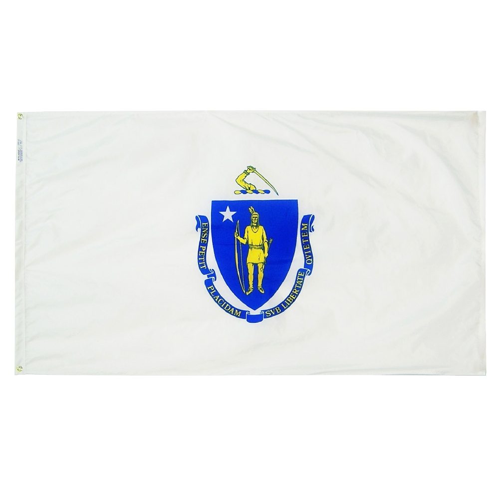 Massachusetts state flag with blue emblem.