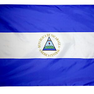 Nicaragua flag with emblem on white stripe.