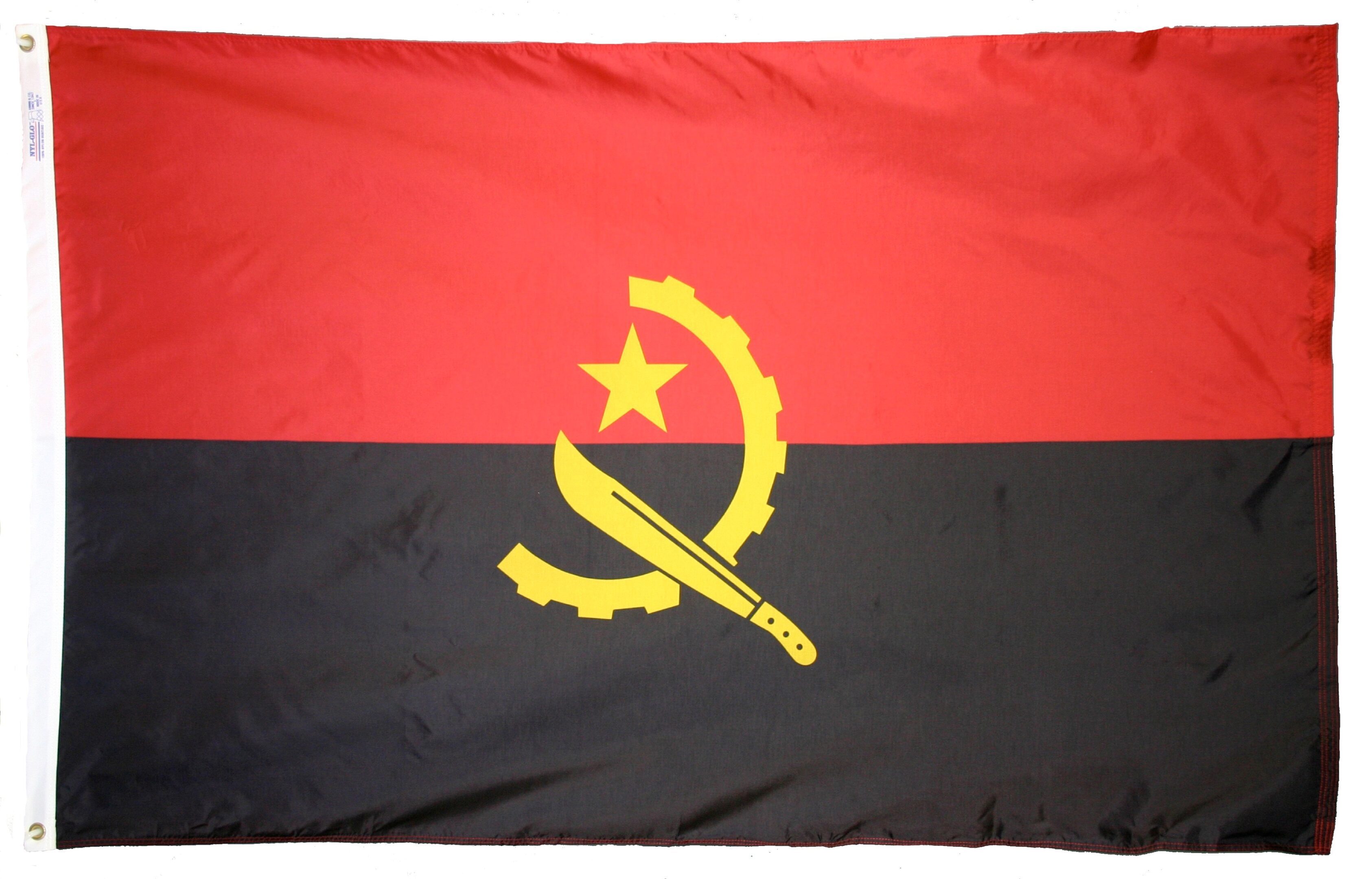Flag of Angola with emblem and colors.